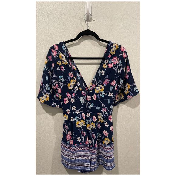 BLUE RAIN Navy Blue Multicolor Floral Short Sleeve V-Neck Romper - Picture 3 of 3